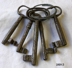 Five metal keys of similar but not identical shape and size gathered together on a metal key ring.