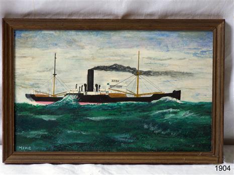 Framed oil painting of a steam boat at sea