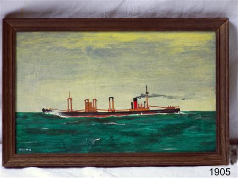 Framed oil painting of a steamship at sea