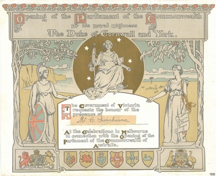 Coloured printed invitation with symbols and decorative designs,  and gilt highlights. 