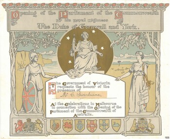 Coloured printed invitation with symbols and decorative designs,  and gilt highlights. 