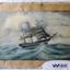 Painting; a 3-masted sailing ship at sea, bow facing right side of painting. Hull is black and white. Figures are onboard.