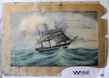Painting; a 3-masted sailing ship at sea, bow facing right side of painting. Hull is black and white. Figures are onboard.