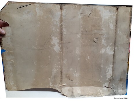 Card backing of painting  (had incorrect registration number). Damaged and aging.