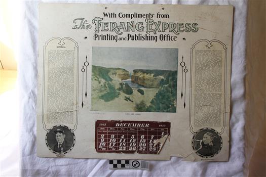Calendar has a coloured photograph, two portraits, and brief stories.