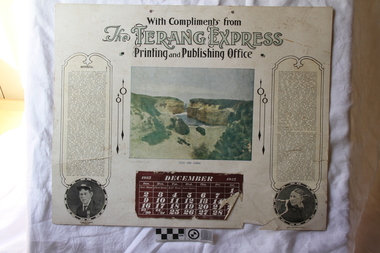 Calendar has a coloured photograph, two portraits, and brief stories.
