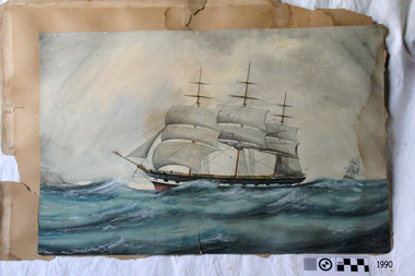 Side profile of 3-masted ship on open sea, sails rigged, bow facing left. Hull is black, white and red. Second ship in background. 