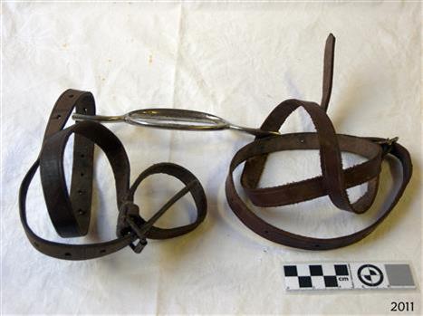 Leather straps with buckles and holes, joined to a metal oval ring with a short rod each end