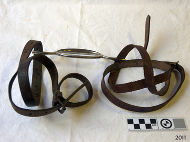 Leather straps with buckles and holes, joined to a metal oval ring with a short rod each end