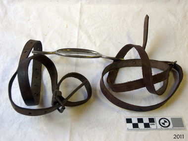 Leather straps with buckles and holes, joined to a metal oval ring with a short rod each end