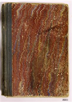 Book has hardcover with red, blue and yellow design and black binding