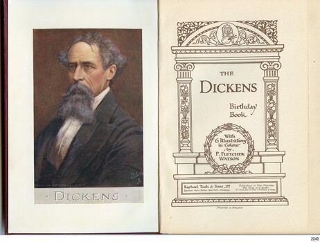 Photograph of Charles Dickens opposite the fly page