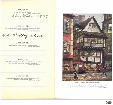 Coloured image of a castle behind  buildings, a boy,  a cobbled street