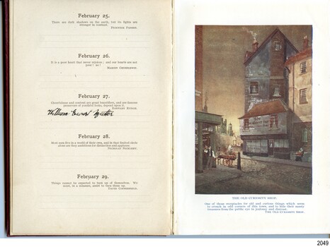 Two-storey shop, clock tower behind, lower barrow across the street.