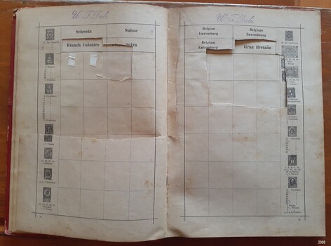 Pages with blank squares for stamps; some squares have been cut away