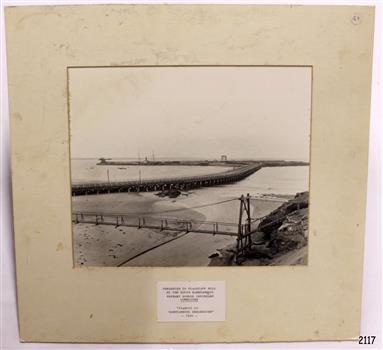 Black and white photograph mounted on card with a label. footbridge, viaduct and the Breakwater
