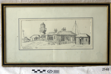 Pen sketch by Eric Tonkin. Depicts Lady Bay lighthouse complex at Flagstaff Hill, Warrnambool,. 
