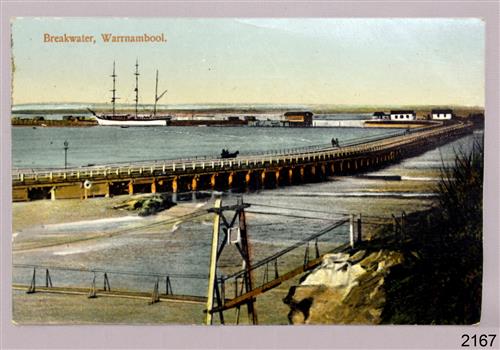 Watercolour postcard with Warrnambool Harbour, Breakwater, Lifeboat Shed and Rocket House