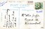 The postcard has a lady's name and address and a short message, written in black ink. It has two green stamps and a partial P.O stamp. It also has several other later notations written in pencil and biro.