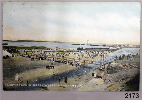 Picture on postcard shows the Port of Warrnambool active with people and horses