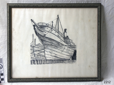 Black and white sketch of the SS Edina in dry dock