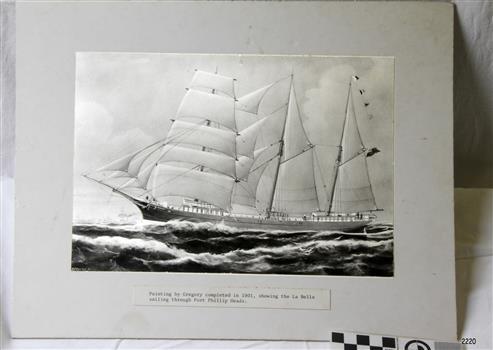 Photograph of a three-masted sailing ship at sea in full sail