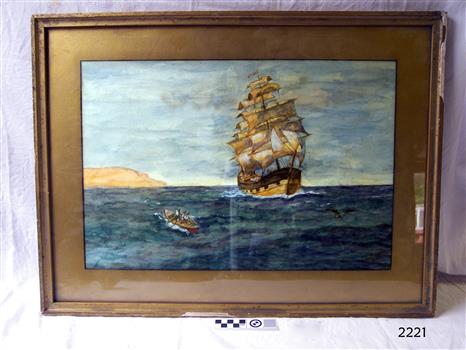 Painting of a sailing ship with full sail, near land, with small row boat in foreground, figures inside it.