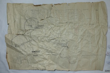 Rectangular map with printed and hand written text and lines