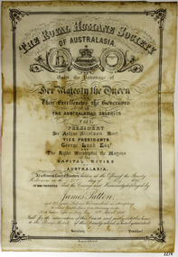 Cream paper with printed and handwritten text, signatures have faded. Paper has decorative border and official symbols.