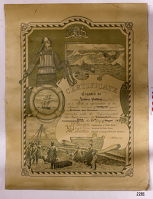 The design is a lithographed print with various images associated with life saving equipment and acts.