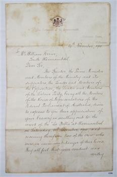 Cream paper with logo and hand written script. Paper has fold lines; three