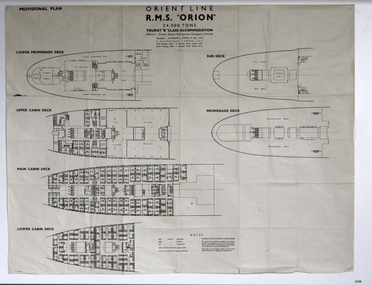 Printed line plan showing the decks of the RMS Orian plus notes about the details
