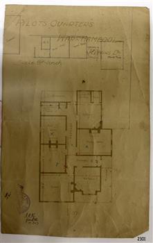 A handwritten plan of Pilots Quarters, Warrnambool, that shows the rooms and buldings on the property