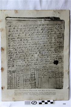 Rectangular paper with handwriting in black ink and a ruled table below it.