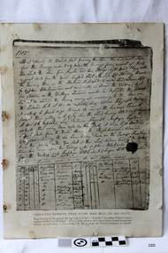 Rectangular paper with handwriting in black ink and a ruled table below it.
