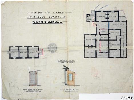 Current plan of the Lighthouse Keeper's Quarts with Alterations and Changes overlaid