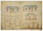 Cottage's floor plan and four elevations. External weatherboard walls.
