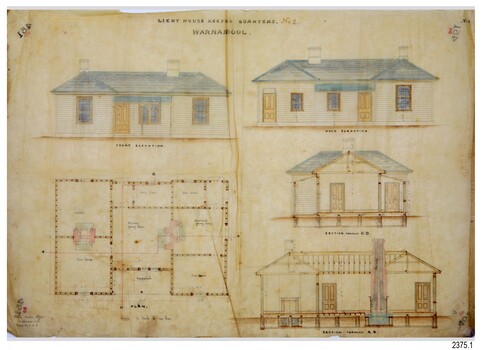 Cottage's floor plan and four elevations. External weatherboard walls.
