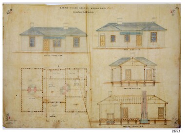 Cottage's floor plan and four elevations. External weatherboard walls.