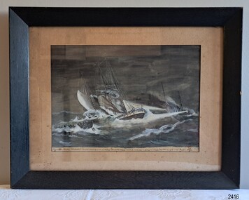 Upright lithographic print behind glass, in black frame