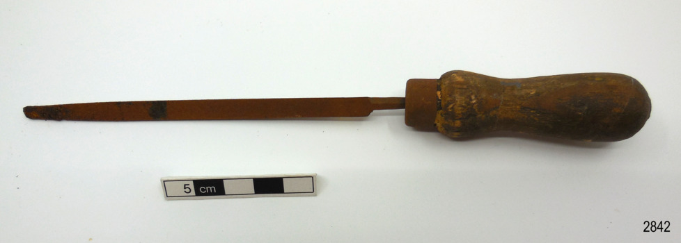 File has wooden handle and three-sided file blade
