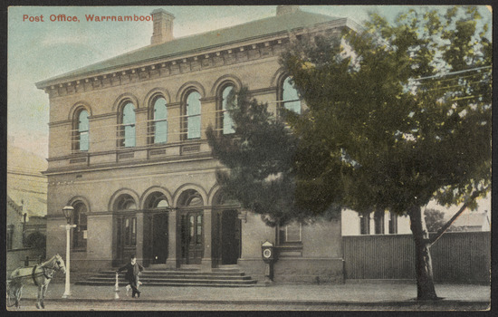Hand coloured postcard, the Warrnambool Post Office , with horse, figure and scales