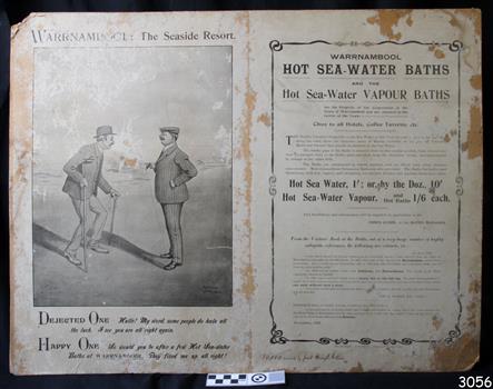 Poster with cartoon of two men, one bent over with walking sticks, the other tall and upright and well dressed