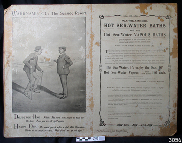 Poster with cartoon of two men, one bent over with walking sticks, the other tall and upright and well dressed