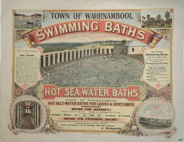 Coloured ink poster on card. Advertisement with sketches of the  baths