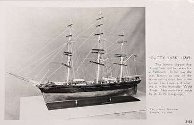 Black and white photograph of Cutty Sark, sails down, text containing brief details