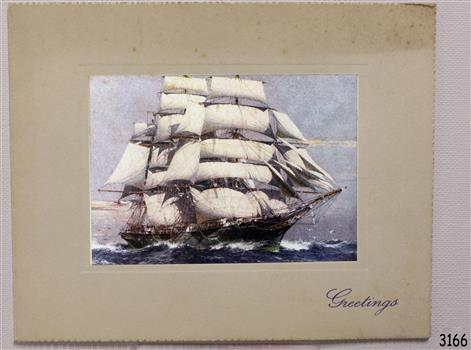 Image of a sailing ship mounted as a greeting card