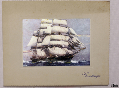 Image of a sailing ship mounted as a greeting card
