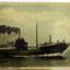 Rectangular photograph of a steam ship, smoke coming from funnel. Coloured yellow-green.