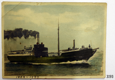 Rectangular photograph of a steam ship, smoke coming from funnel. Coloured yellow-green.
